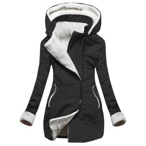 Kvinnors Jackor 2021 Vinter Varm Coat Hooded Jacket Fur Lined Parkas Tjock Pocket Zipper Lång vindbrytare Overcoat Outwear