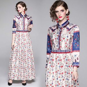 High-End Drukowane Długie Dess Kobiet Wiosna Jesień Maxi Dress Moda Temperament Dama Kwiatowe Suknie Prom Wakacyjny Suknie