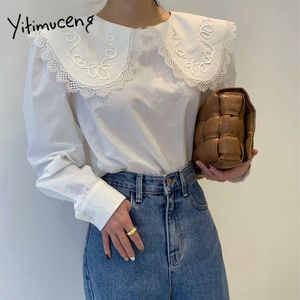 Yitimuceng White Blouse Woman Oversize Fashion Puff Sleeve Peter Pan Collar Office Lady Button Shirt Black Spring Summer 210601