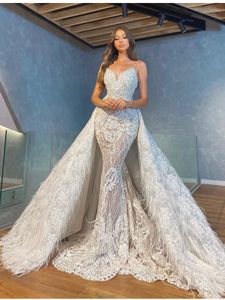 Lüks Tüy Mermaid Gelinlik Gelinlikler Ayrılabilir Tren Ile Seksi Spagetti Boyun Dantel Aplike Boncuklu Custom Made Vestido De Novia