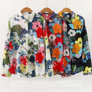 여름 코튼 하와이 셔츠 3colors 꽃 여성 블라우스 긴 소매 셔츠 카메인 여성 여성 탑 패션 셔츠 210225