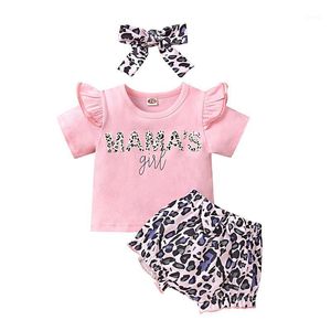 衣類セット女の子の夏の三片セット赤ちゃんの袖のレタリングTシャツLeopardプリントショートパンツの赤ちゃんのためのヘアバンド