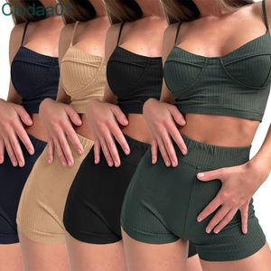 New Suspender Tracksuits For Women 2023 Summer Two Piece Yoga Pants Suit Sexy Chest Cup High Waist Shorts Sports Outfits