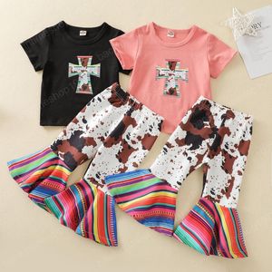 Kids roupas conjuntos meninas roupas crianças transversais de manga curta tops + vaca impressão colorida Calças de flared 2 pcs / set verão moda boutique roupas de bebê
