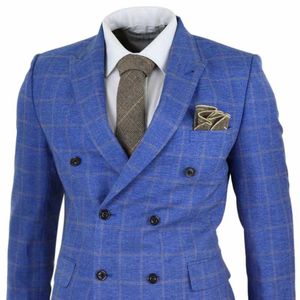 Mężczyźni Garnitury i Blazers 2021 Niebieskie Męskie Check Three Piece Double Breasted Garnitur Gatsby Mafia Peaky Blinders Vintage 1920s Costume Homme