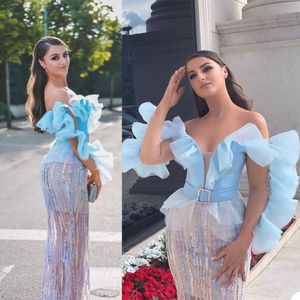 Sky Blue Mermaid Prom Dress Sexy Sequins Off Shouler Long Sleeve Ruffles Party Dresses African Black Girls Illusion Evening Outfits Gowns