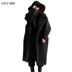 Teddy Bear Jaqueta Inverno Faux Pele Casaco Mulheres Preto Belted Wool Casaco Com Capuz Longo Parkas Quentes Feminino Overtoded Oversized 211018