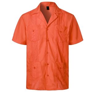 Mäns kortärmad kubansk guayabera skjorta knapp upp bomull linne lapel krage s mexikansk karibisk stil strand bröllop 210809