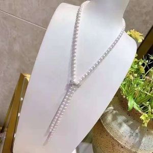 Hand knotted 8-9mm white freshwater pearl necklace micro inlay zircon bow clasp 95cm fashion jewelry