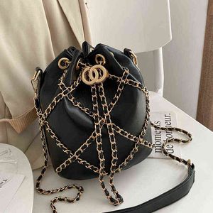 Shopping Bags Lattice Drawstring Chain Bucket Crossbody for Women 2021 New Women's PU Leather Shoulder Handbags Messenger Purses 7263 220304