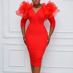 Bodycon Dresses Plus Size Women V Neck Patchwork Mesh Ruffle Half Sleeve Drop Office Lady Evening Party Birthday Robes 210527