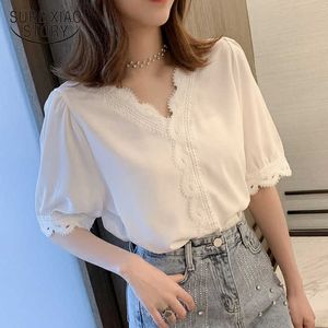 Летние женщины шифон рубашка белые вершины с коротким рукавом блузка элегантный сладкий V-образным вырезом корейская погаление моды Blusas 8988 210527