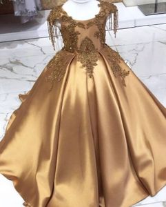 Gold Crystal Long Flower Girls Dress Pageant Dresses Beaded 2021 Toddler Infant Clothes Little Kids Birthday Gowns