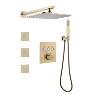 Thermostat-Brausemischer aus gebürstetem Gold, 28 x 18 cm, LED-Badezimmer-Unterputz-Massage-Regenspray-Dusche