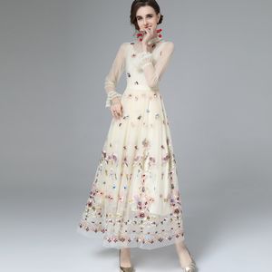 Women's Runway Dress Stand Collar Long Sleeves Embroidery Layered Fashion Party Prom Elegant Dresses Vestidos