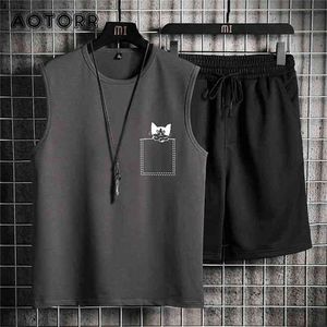 Yaz Erkekler Rahat Spor Suit Hızlı Kuru Jogger Şort Set Yelek + Şort Setleri Erkek Eşofman Pamuk Nefes Spor Giysiler 3XL 4XL 210806