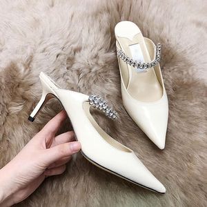 Eleganta högklackade sandalskor Kvinnor Pekade kristallband Patentläder Kvinnor Flat Mules Designer Stiletto Heel Dress Sandals med låda