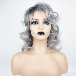 Curly grigio Curly Wavy Sintetico Simulazione Simulazione di capelli Human Hairpoches for Bianco e nero Pelucas K41