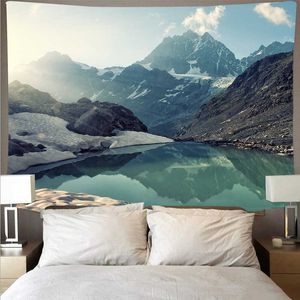 Montagna Lago Blu Arazzo Appeso a Parete Paesaggio Verde Prateria Arte Panno da Parete Sottile Decorazione del Soffitto Coperta Sfondo 210609