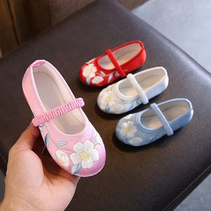 Girls Kids Cloth Flats Embroidered For Medium Big Children Embroidery Flowers Elastic Band Traditional Ethnic Shoes 210308