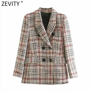 Zevity Women Vintage Plaid Pattern Print Woolen Coat Female Chic Long Sleeve Double Breasted Outwear Jackets Tops CT629 211106