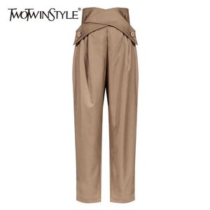 Twotyle Calças Irregular Casuais para Mulheres Cintura Alta Lace Up Button Straight Pants Feminino Outono Moda 210721