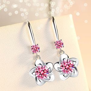 925 sterling silver new women s fashion jewelry pink blue white crystal zircon long tassel flower hook type earrings Z2
