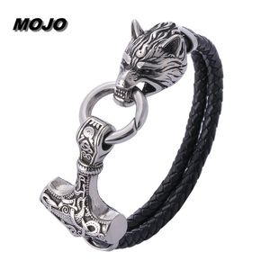 Hip Hop Styl Antique Silver Titanium Steel Wolf Head Charm Black Prawdziwej Skóry Bransoletka Mężczyźni Biżuteria z klamrą Toggle