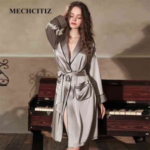 MECHCITIZ Sexy Raso di Seta Degli Indumenti Da Notte Sposa Damigella D'onore Abito Da Sposa Abito di Pizzo Solido Kimono Accappatoio Donne Casual Casa Vestito Da Notte 210831