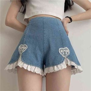 YBYR Sevimli Lolita Kızlar Denim Şort Japon Tatlı Yüksek Bel Dantel Düzensiz Kadın S-4XL Yaz Kawaii Seksi Mavi 210719