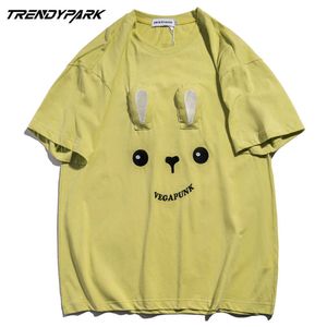 Hip Hop Streetwear Bordado T-shirt com orelha urso rosto impressão t camisa homens harajuku algodão casual tshirt manga curta Tee 210601