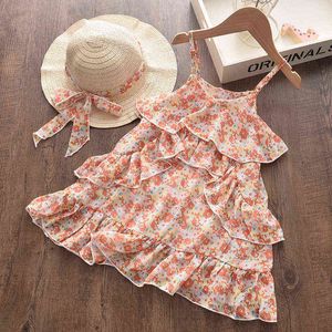 Meninas meninas Princesa vestido de verão fôrma criança crianças vestidos de festa com chapéu 2 pcs roupas flor roupas vestido crianças praia roupas g1215