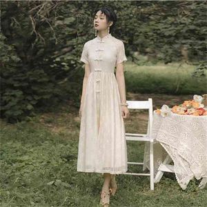 Vestidos Mid-Calf Dresses Chinese Style Lace Women Elegant Short Sleeve Beige Cheongsam Female Summer 210603
