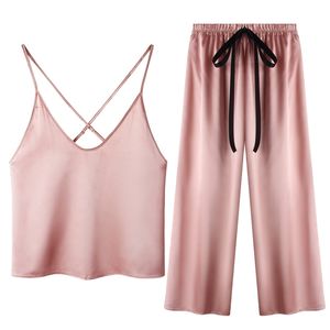 Damskie Satin Pajama Zestaw Sexy Pajamas Criss Cross Back Camisole Pant Bow Nightwear Soft Loungewear 210830