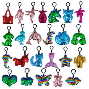 Party Favorit Sequined Key Chain Bag Hängsmycke Mini Nyckel Kedjor Animal Dolphin Ananas Hummingbird Bear Cactus Cat Keys Chain Gift ZC899