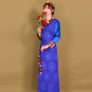 Женщины Этническая одежда Тибетское платье Элегантное платье Традиционный Tatibet Outfit Восточный костюм Хлопок Шелковый азиатский Cheongsam Style Robe