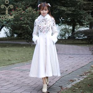 Yosimi冬の刺繍甘いウールのコート毛皮の襟のスカートスタイルの綿の綿を加える布Maxiウールロングレディース210604