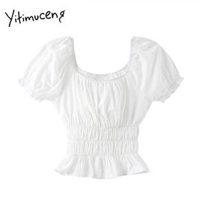 Yitimuceng Weiße Bluse Frauen Falten Shirts Puffärmel Quadrat Kragen Schlank Solide Sommer Koreanische Mode Süße Tops 210601