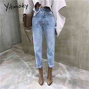 Yitimoky Calças de brim da cintura alta para mulheres retas demin calças vintage streetwear feminino botões senhoras primavera moda borla 210708