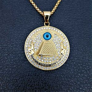 Golden Egyptian Pyramid Necklaces Pendants For Men Iced Out Rhinestone Eye of Providence Chains Jewelry Gifts X0707