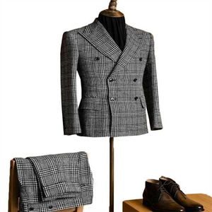 Yeni 2 Adet Houndstooth Erkekler Suits Resmi Özel Yapılmış Adam Modern Yaka Çift Göğüslü İş Ceket + Pantolon X0909