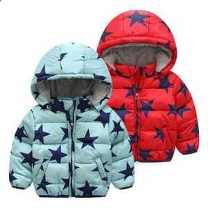 Cold Winter 2 3 4 6 8 9 10 Years Wadded Cotton Padded Thickening Plus Velet Kids Baby Boys Hooded Cartoon Star Jacket Coat 210529