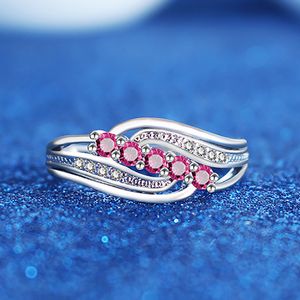 Tom vermelho fresco anel de prata transversal para mulheres casamento na moda jóias com 925 selo deslumbrante cz pedra grande anilhas