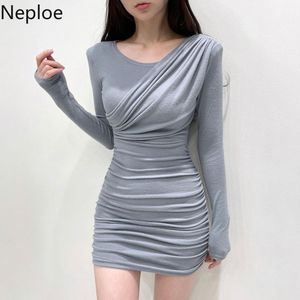 Casual Dresses Neploe Sexig Kvinna Klänning O-Neck Fälls Slim Fit Stickad Vestidos De Mujer Elegant Temperament Cober Koreansk Bodycon Mini