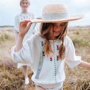 Дети девушки вязать футболку летние дети бренда дизайн ручной цветок футболки и размыты белый тройник 210619