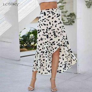 Long Saias Mulheres Alto Cintura Branco Leopardo Floral Ruffle Midi Roupas Verão Casual Senhoras Preto Assimétrico Fenda Zipper Skirt 210708