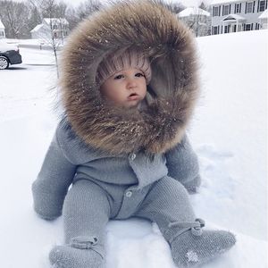 Luxury Knitted Racoon Fur Collar Jumpsuits Hooded Baby Girl Clothes Winter Bebe Rompers Boys Girls Infant Onesie Vintage 210309