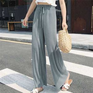 Frauen Sommer Seide Breite Bein Hosen Große Yards Lose Hose Mode Culottes Elastische Taille Knöchel-länge Hosen Casual gefaltete Hosen Q0801