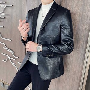 Erkekler Blazers PU Casual Suit Ceket Düğün Iş Blazer Masculino Ince Sokak Giyim Sosyal Deri Ceket Terno Masculino 210527