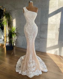 Um ombro sereia vestidos de casamento elegantes para noiva renda apliques vestidos de novia civil plus size vestidos de noiva